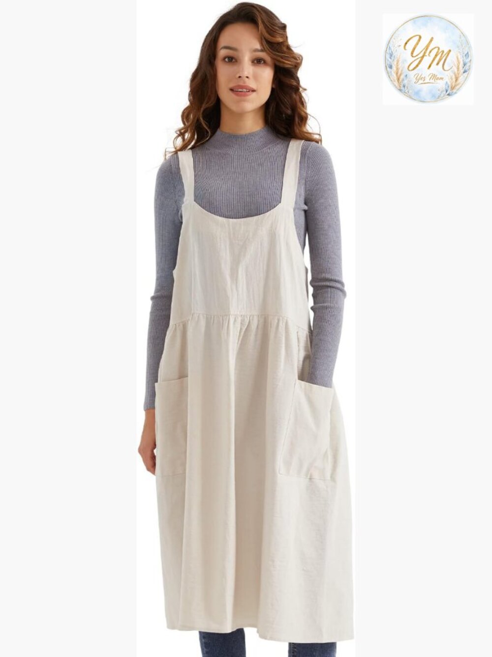 Cross Back Apron with Pockets - Cotton Linen for Cooking Baking Gardening